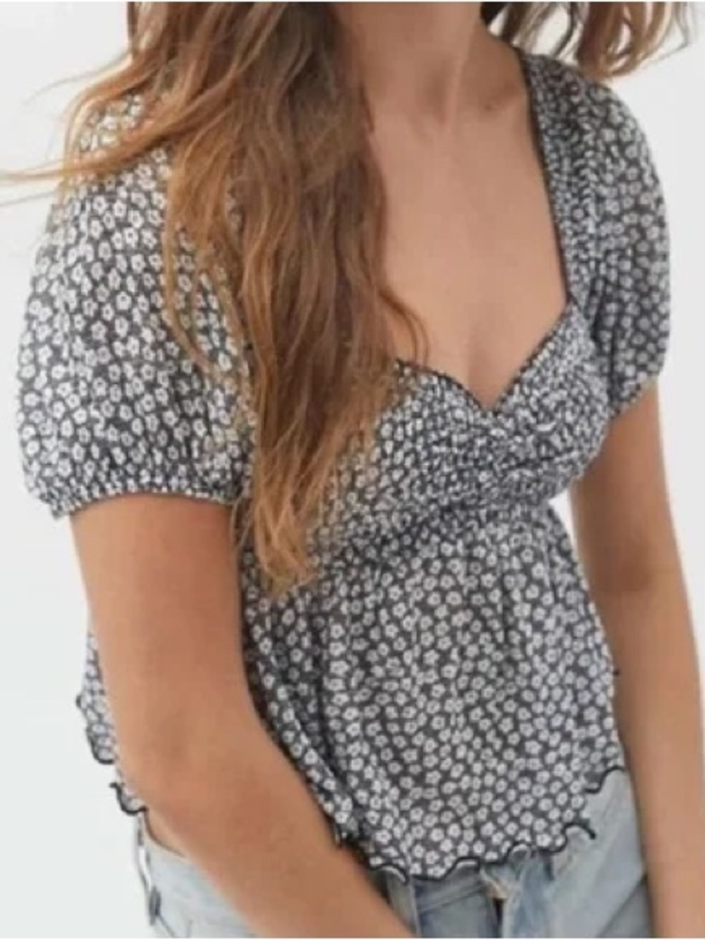 Urban Outfitters Angelo Smocked Bodice Puff Sleeve Top in Black and White Floral